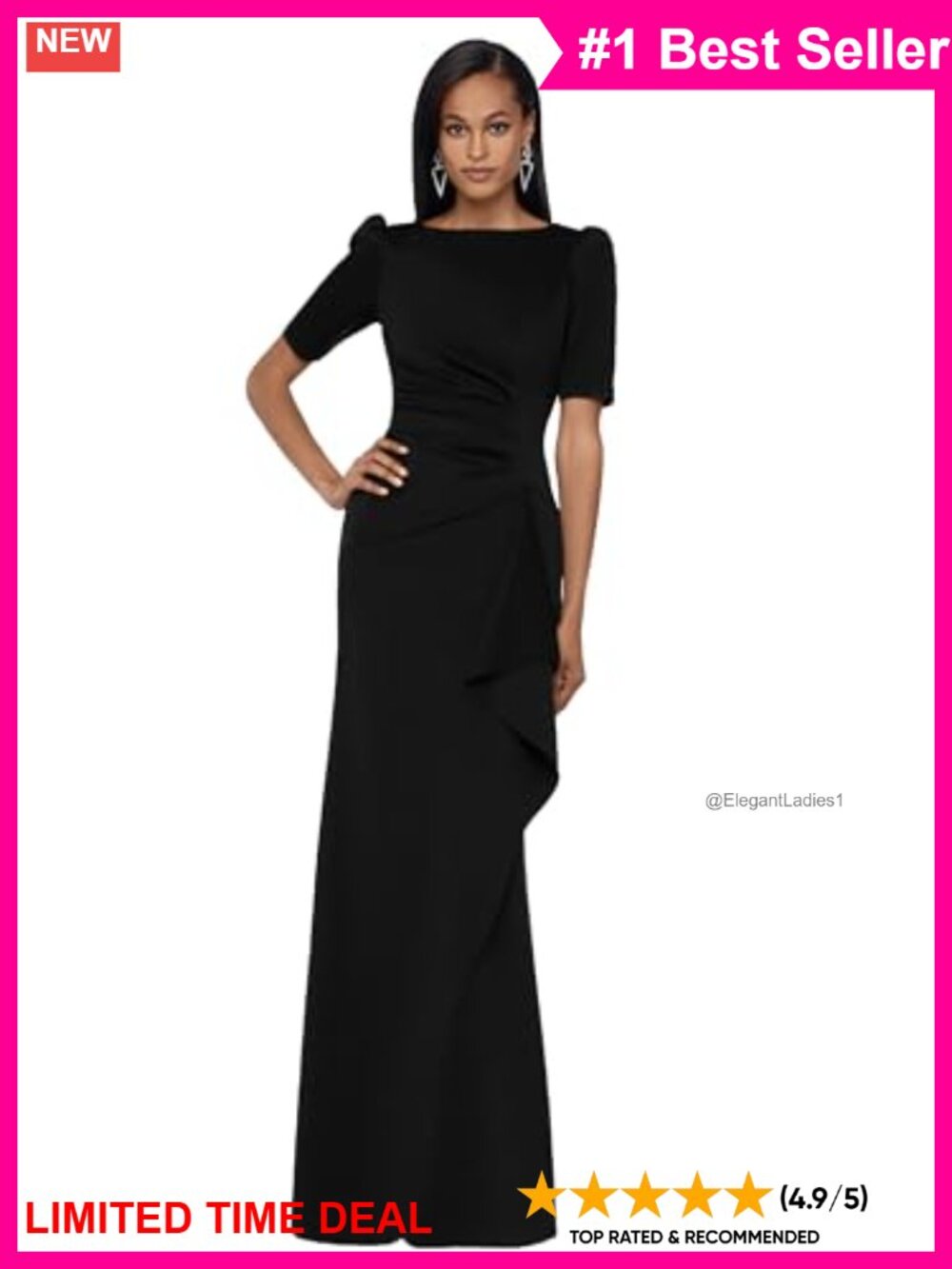 Xscape Boat Neck Bodycon Evening Gown 3/4 Sleeve Ruffle Chiffon